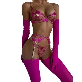 House Of Dasein Dnika Classic Complex Craft Lingerie Set Sexy Transparent Push Up Bra And Garter Belt - Rose Red - M