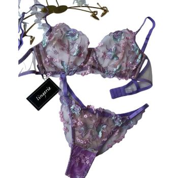 House Of Dasein Dnika Two Piece Mesh Embroidered Lingerie Set Purple Flower Gathered Bra Transparent Suit - L