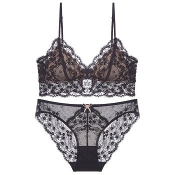 Sexy Lace Bra Set For Women French Style Thin Strap Backless Triangle Cup Wireless - Black Contrast Skin Set - S
