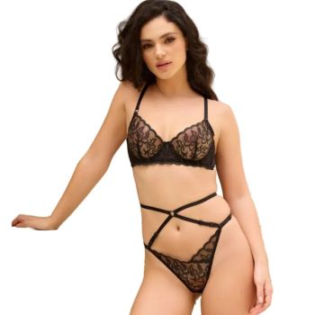 Sexy Underwear French Thin Transparent Embroidered Lace Bra Large Chest Minimizer Plus Size Erotic Lingerie Set - Dark Skin - M