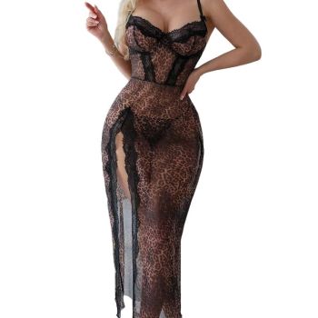 Lace Leopard Print High Slit Strap Dress With Pure Desire And Seductive Charm - Leopard Print - S