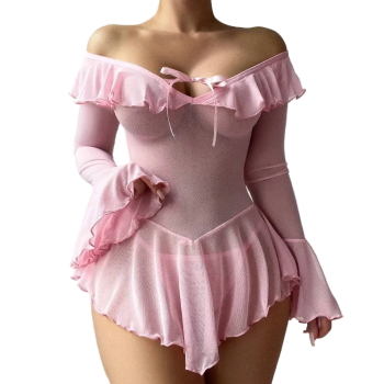 House Of Dasein Sexy Transparent Mesh Pure Desire One-Shoulder Dress Seductive Erotic Uniform Underwear - Pink - L