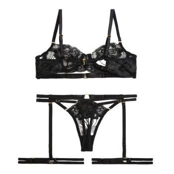 House Of Dasein Style Sexy Underwire Gathered French Lace Embroidered Tie Strap Pure Desire Hollow Out Four Piece Set Lingerie Suit - Black - Xl