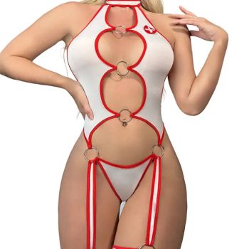 House Of Dasein Sexy Hollow Out Backless One Piece Suit With Neck Hanging Strap And Nurse Temptation For Overseas - White - L