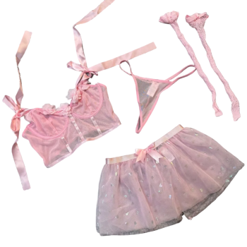 House Of Dasein Sexy 3D Flower Bow Tie Sequin Mesh Skirt Lingerie Set - Pink - L