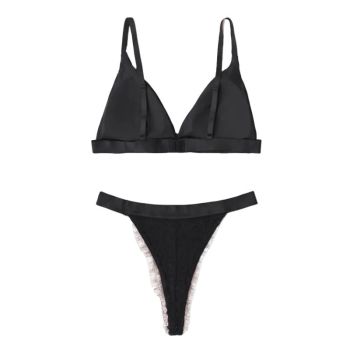 House Of Dasein French Style Ultra Thin Solid Color Lace Underwear Triangle Cup Wire Free Bra Erotic Two Piece Set - Black - L