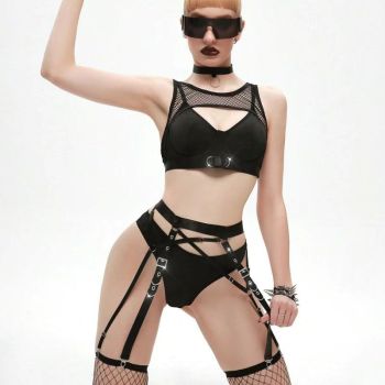 House Of Dasein Heavy Craftsmanship Bra Sexy Lingerie Black Strap Hollow Splicing Fishnet Underwear Set For Women - Black - M