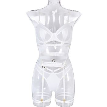 House Of Dasein Spring And Summer Fashion Lace Complex Craft Gathered Hollow Out Mesh Sexy Lingerie Four Piece Set For Women - White - M