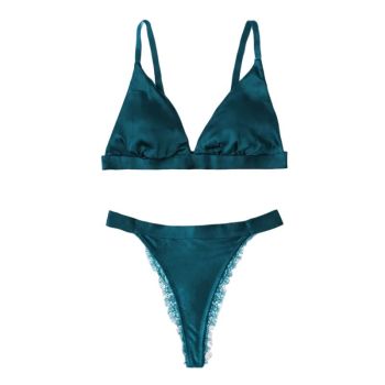 House Of Dasein French Style Ultra Thin Solid Color Lace Underwear Triangle Cup Wire Free Bra Erotic Two Piece Set - Peacock Green - L