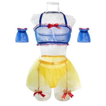 House Of Dasein Sexy Lingerie Sheer Mesh Temptation Maid Costume Five Piece Set With Stockings - Blue + Stockings - S