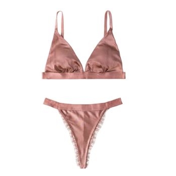 House Of Dasein French Style Ultra Thin Solid Color Lace Underwear Triangle Cup Wire Free Bra Erotic Two Piece Set - Rose Gold - S
