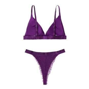 House Of Dasein French Style Ultra Thin Solid Color Lace Underwear Triangle Cup Wire Free Bra Erotic Two Piece Set - Purple - M