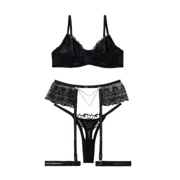 House Of Dasein Sexy Separated Lace Embroidery Sheer Mesh With Leg Ring Erotic Underwear Five Piece Set - Black - S