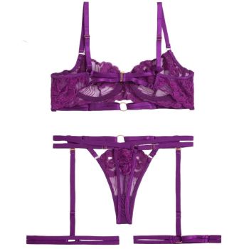 House Of Dasein Style Sexy Underwire Gathered French Lace Embroidered Tie Strap Pure Desire Hollow Out Four Piece Set Lingerie Suit - Purple - M