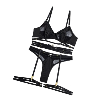 House Of Dasein Spring And Summer Fashion Lace Complex Craft Gathered Hollow Out Mesh Sexy Lingerie Four Piece Set For Women - Black - L