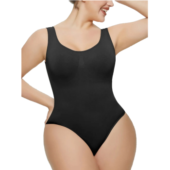 Scoop Neck Wide Strap Shaping Bodysuit - Black - Xl