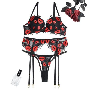 House Of Dasein Red Lips Embroidery Gathered Molded Cup Sexy Three Piece Set - L - Lip Embroidery