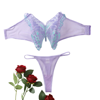 House Of Dasein Sexy Lingerie Women's Mesh Embroidery Bow Erotic Set - Light Purple - S