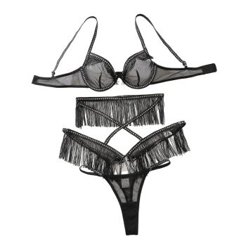 House Of Dasein Sexy Hollow Perspective Lingerie Three Piece Set - Black - S
