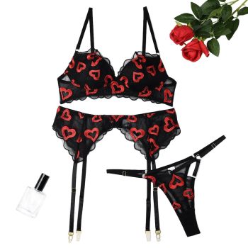 House Of Dasein Red Lips Embroidery Gathered Molded Cup Sexy Three Piece Set - S - Heart Embroidery