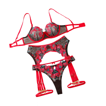 House Of Dasein Sexy Mesh Embroidered Bra Set With Hollow Out Perspective Four Piece Lingerie - Black And Red - L
