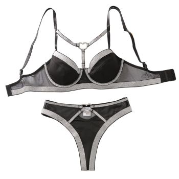 House Of Dasein Sexy Strap Small Chest Gathering Bra Set Two Piece Lingerie - Black And Silver - L