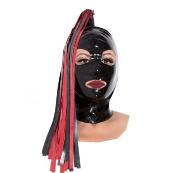 House Of Dasein Latex Fetish Hood Unisex Black Red Tassells - Black - M