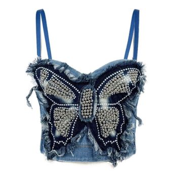 House Of Dasein Cross Border Butterfly Strapless Bra With Unique High End Feel Fitted Spliced Denim Boned Bustier Camisole - Blue - 38C/85