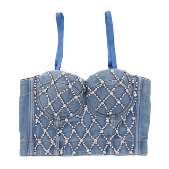 House Of Dasein Denim Tube Top With Built In Pads And Shaping Open Back Beaded Strapless Camisole For Women - Denim Blue - 40C/90