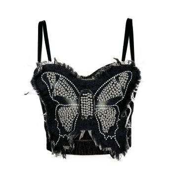 House Of Dasein Cross Border Butterfly Strapless Bra With Unique High End Feel Fitted Spliced Denim Boned Bustier Camisole - Black - 40C/90