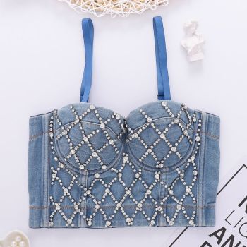 House Of Dasein Denim Tube Top With Built In Pads And Shaping Open Back Beaded Strapless Camisole For Women - Denim Blue - 38C/85