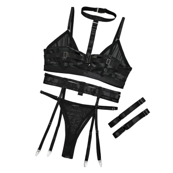 House Of Dasein Hot Selling Sexy Lingerie Three Piece Set Halter Motorcycle Gathered And Shaping Leg Straps For Women - Black - S