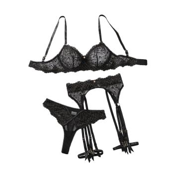 House Of Dasein Lace And Sexy Women's Bra Lingerie Four Piece Set - Black - L