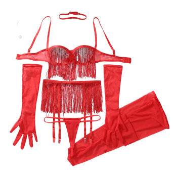 House Of Dasein Perspective Tassel Hollowed Out Lingerie Set No Take Off Seductive Six Piece - Red - S
