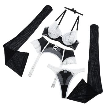 House Of Dasein Lace Bra Patchwork Contrasting Lingerie Maid Outfit With Steel Rim - Black And White - M