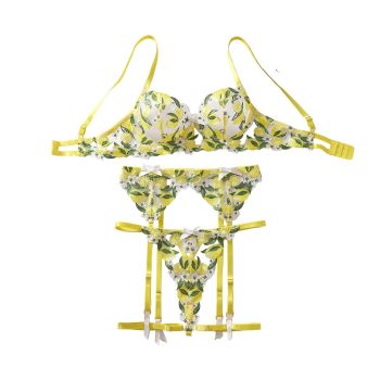 House Of Dasein Mesh Perspective Fashion Sexy Pure Desire Temptation Underwear Fun Four Piece Set - Lemon Yellow - L