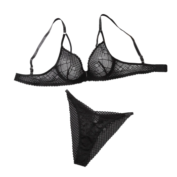 House Of Dasein Low Cut Gathered Bra Set Sexy Mesh Hollow Out Lingerie Two Piece For Women - Black - M