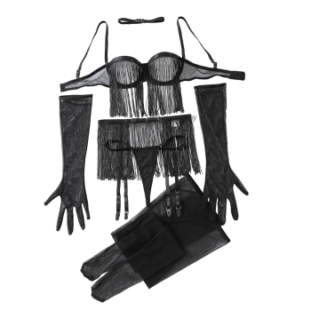 House Of Dasein Perspective Tassel Hollowed Out Lingerie Set No Take Off Seductive Six Piece - Black - M