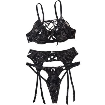 House Of Dasein Pu Leather Sexy Gathering Bra Set With Hollowed Out Backless Lingerie And Underwear Three Piece - Black - L