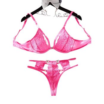 House Of Dasein Lace Splicing Hollow Perspective Design Sexy Lingerie Two Piece Set - Rose Red - L