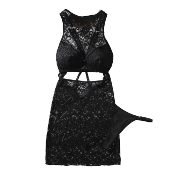 House Of Dasein Lace Two Piece Fashionable Hollow Out Backless See Through Suspender Dress - Black - S