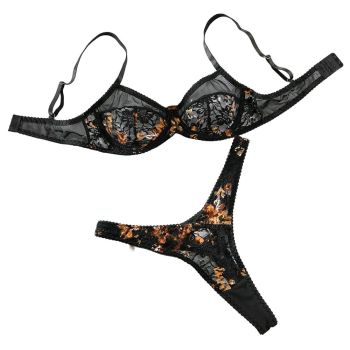 House Of Dasein Lace Printed Contrast Color Sexy Comfortable All Match Push Up Bra Set With Steel Ring Support And Adjustable Design - Black - S