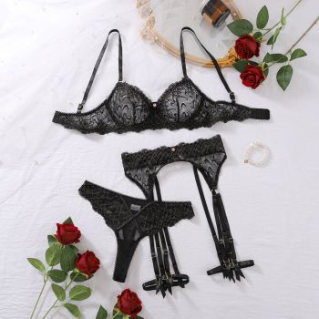 House Of Dasein Lace And Sexy Women's Bra Lingerie Four Piece Set - Black - S