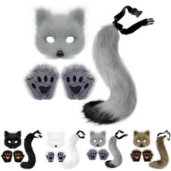 Therian Paws Fur Mask And Tail Set White Halloween Cat Costume Party - White