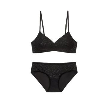 Seamless Women's Invisible Jelly Gel Fixed Cup Small Chest Gathering Soft Support Sexy Deep V Wireless Bra Set - Black - M