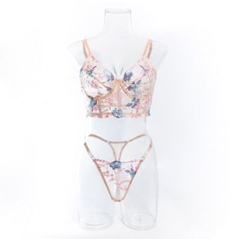 House Of Dasein Sweet Floral Embroidered Boned Camisole And Thong Set For Women's Sexy Hollow Out Lingerie - Apricot Pink - L
