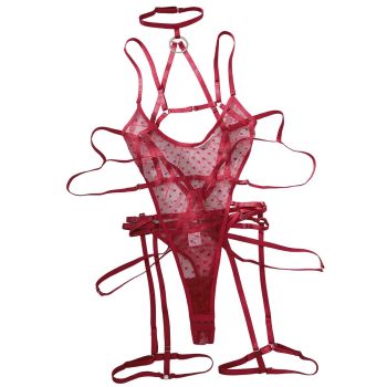 House Of Dasein Bandage Temptation Sex Set Perspective Wave Point Mesh Sexy Bareback Jumpsuit - Wine Red - M