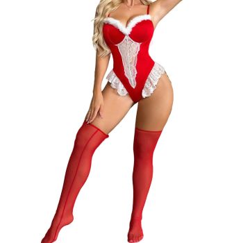 House Of Dasein Christmas Cosplay Uniform White Lace Patchwork With Mesh Stockings Sexy One Piece Lingerie Set - M