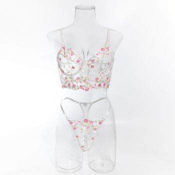 House Of Dasein Sweet Floral Embroidered Boned Camisole And Thong Set For Women's Sexy Hollow Out Lingerie - White - S