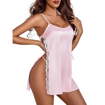 House Of Dasein Sexy Satin Strap Tie-Up Nightgown Women's Doll Dress Comfortable Silk-Like Pajamas - Pink - M